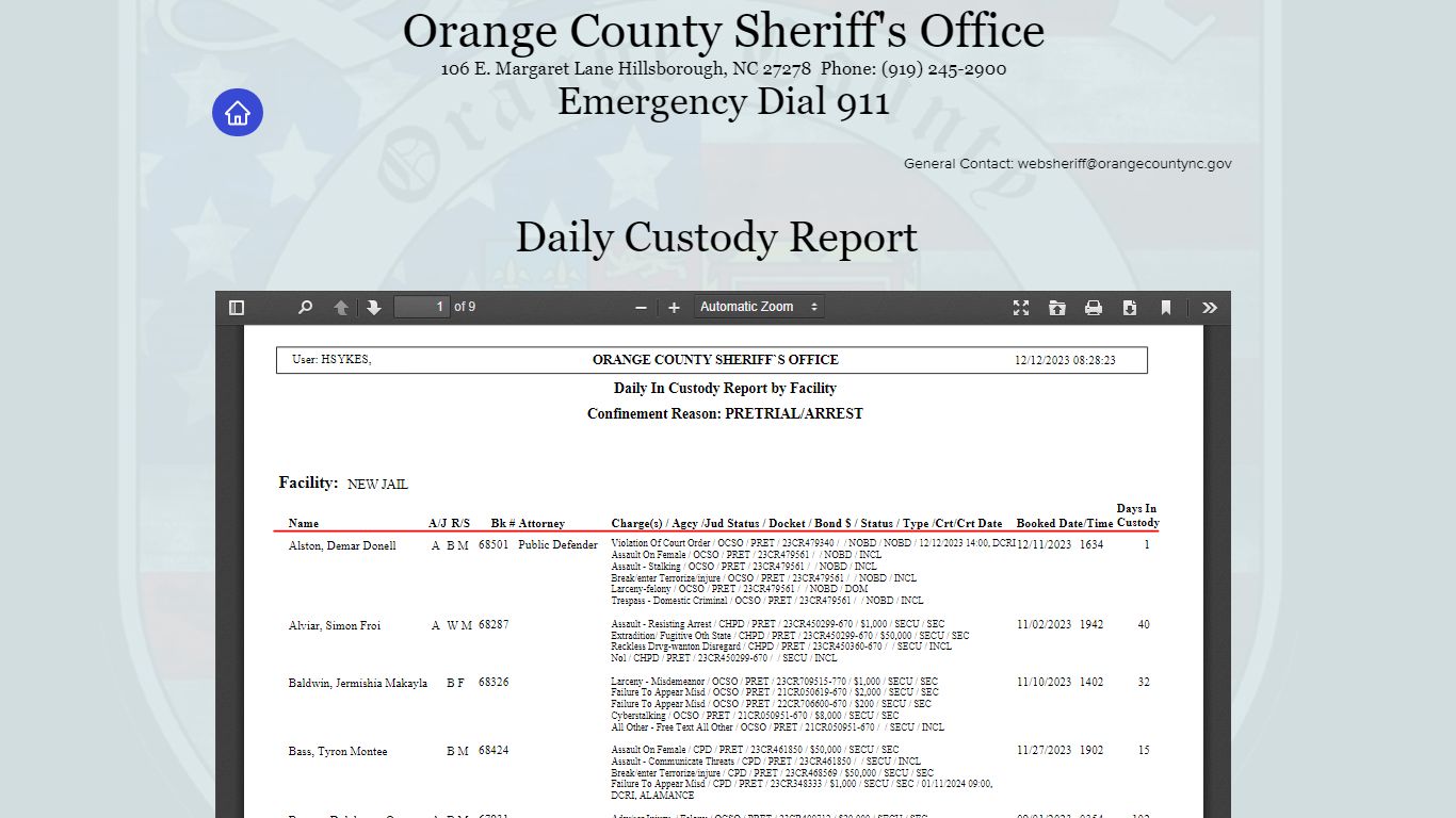 Daily Custody Report | ocso